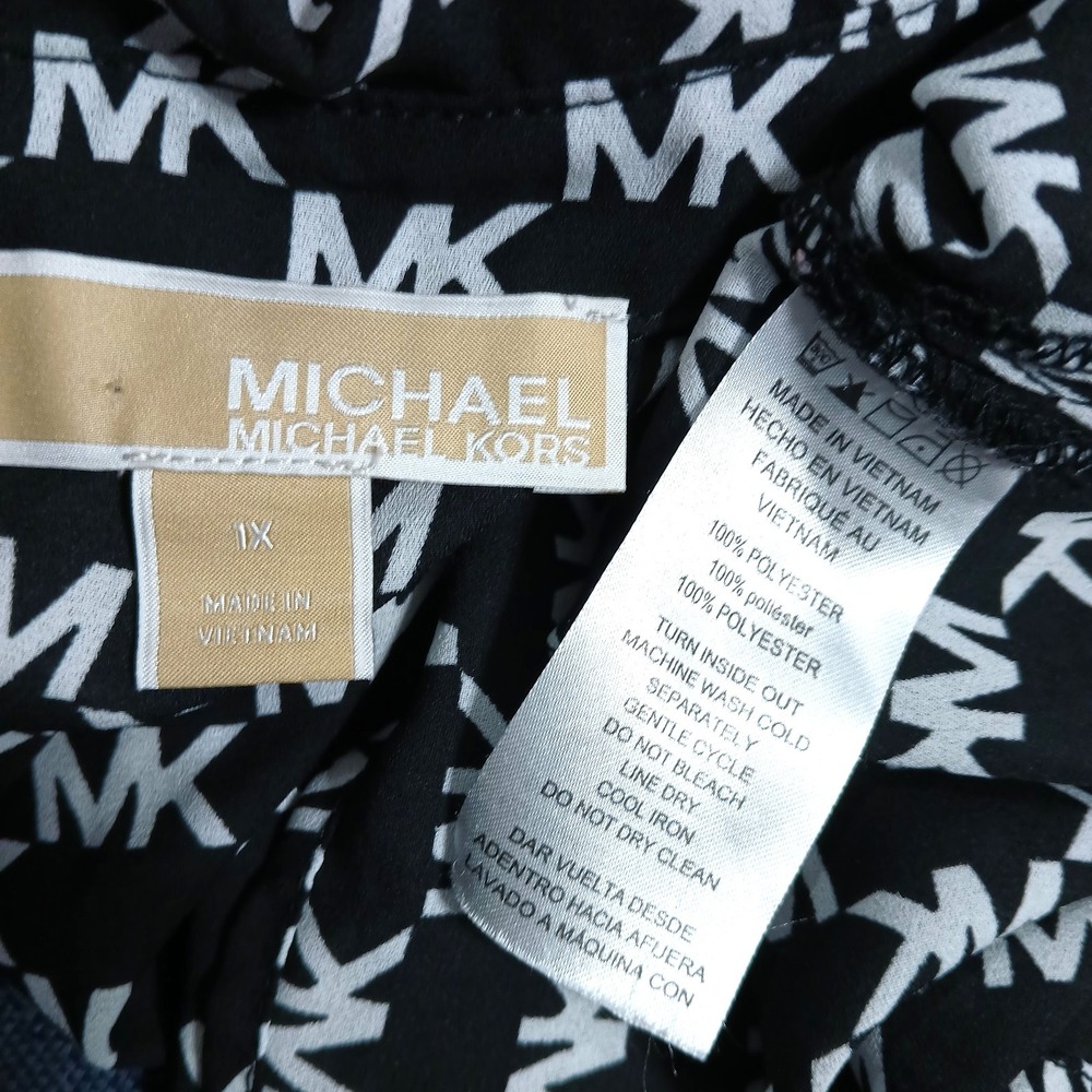 Michael Kors MK Logo Women Top 1X Black White Monogram Roll Tab Sleeve Designer - Picture 7 of 7